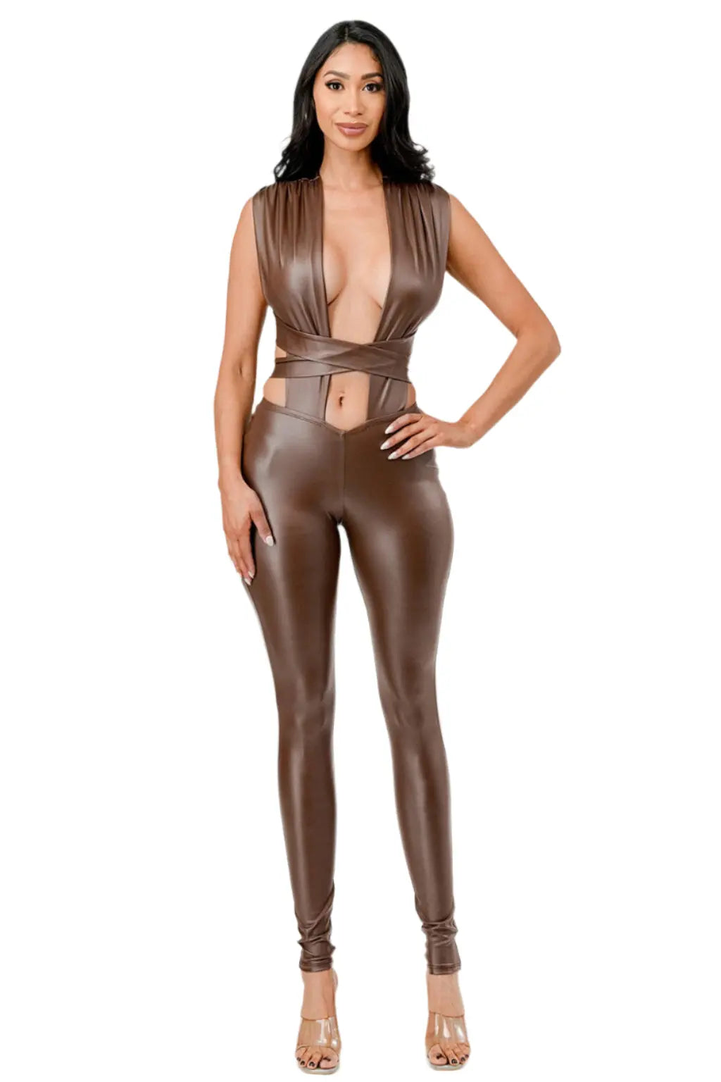 Lara Cut Out Knit Pu Leather Jumpsuits - Epicplacess