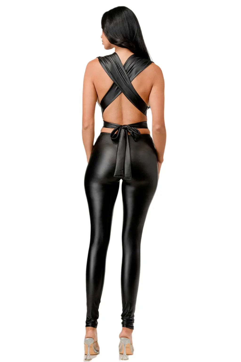 Lara Cut Out Knit Pu Leather Jumpsuits - Epicplacess