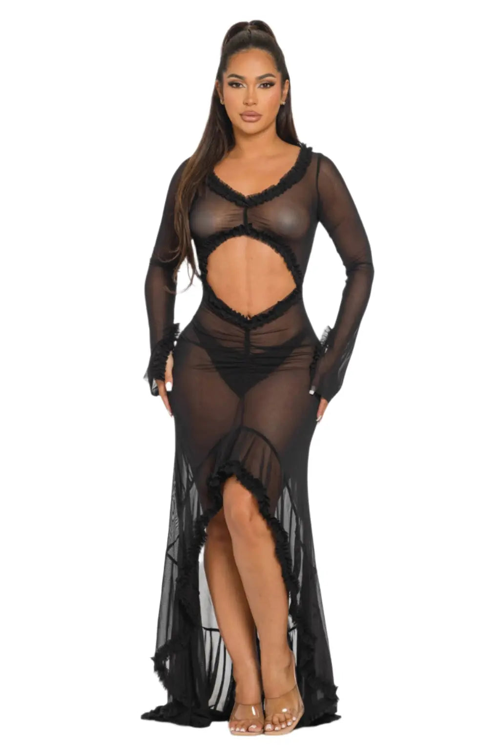 Kiana Cut Out Ruffle Mesh Maxi Dress - Epicplacess
