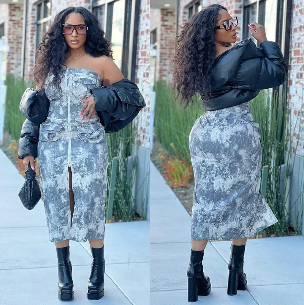 Zip-Up Tube Denim Maxi Dress - Epicplacess