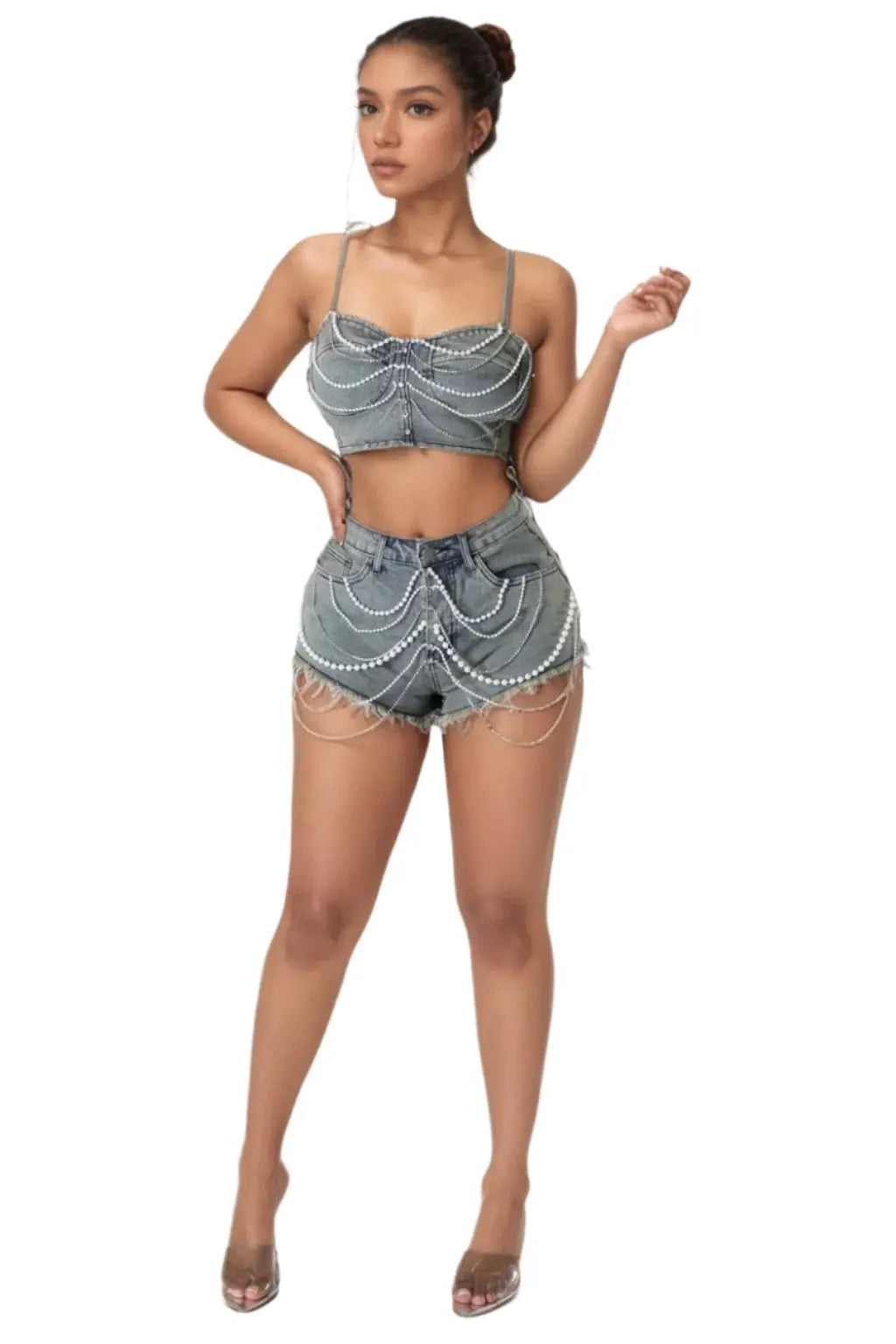 Pearl Chain Ya Business Denim Set Shorts - Epicplacess