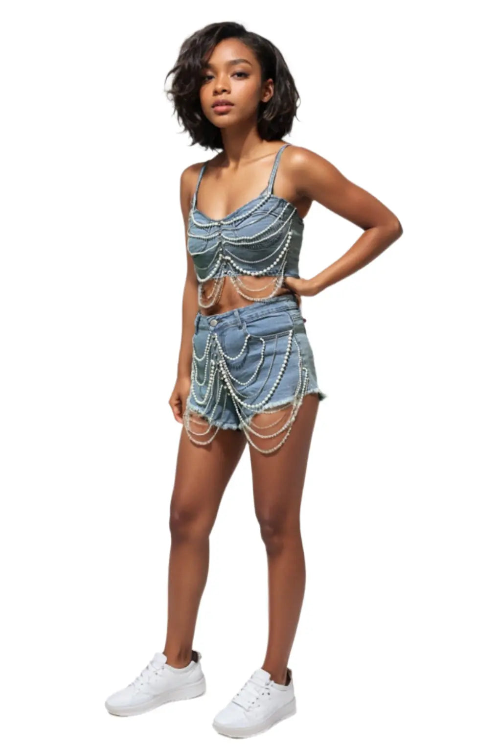 Pearl Chain Ya Business Denim Set Shorts - Epicplacess