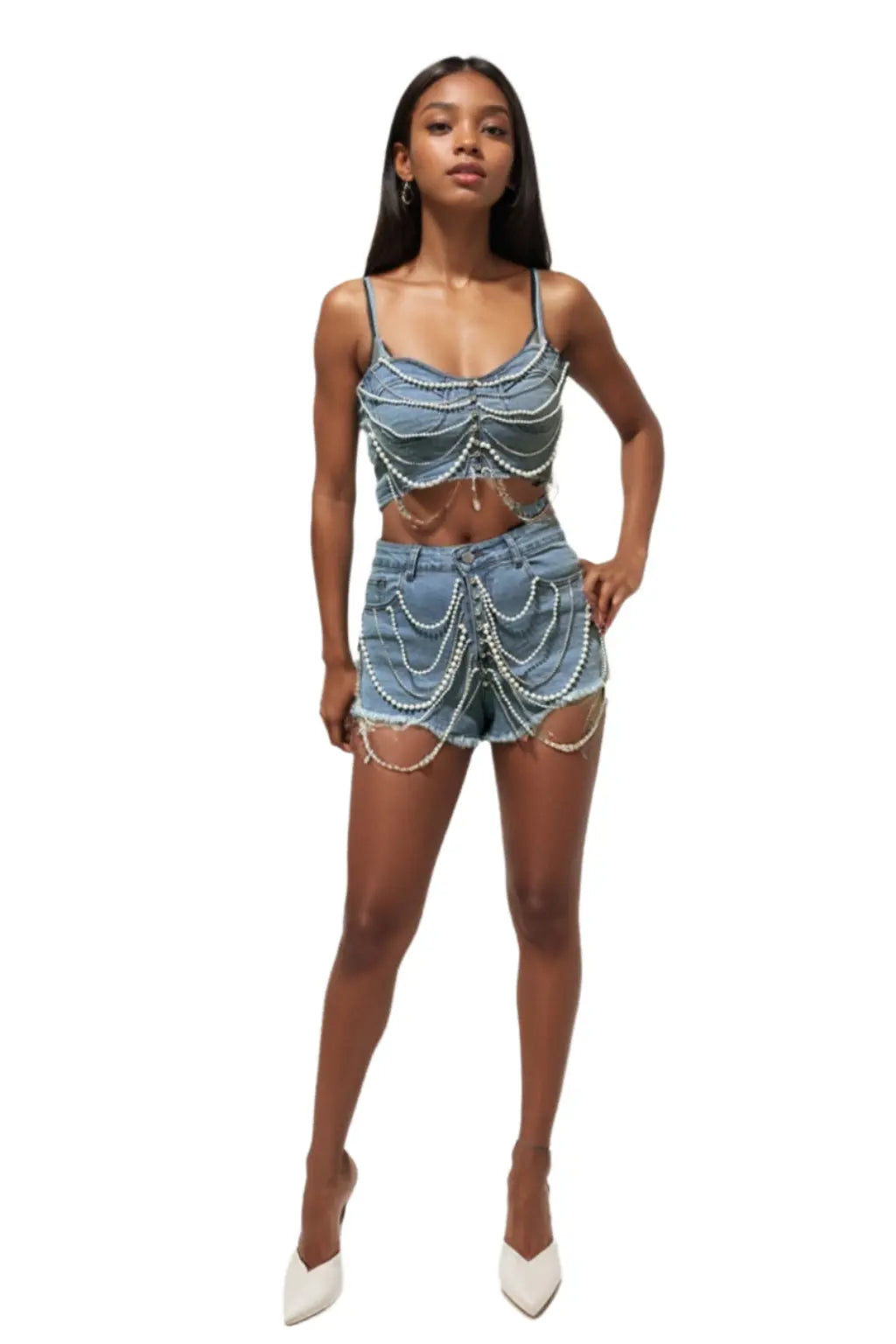 Pearl Chain Ya Business Denim Set Shorts - Epicplacess