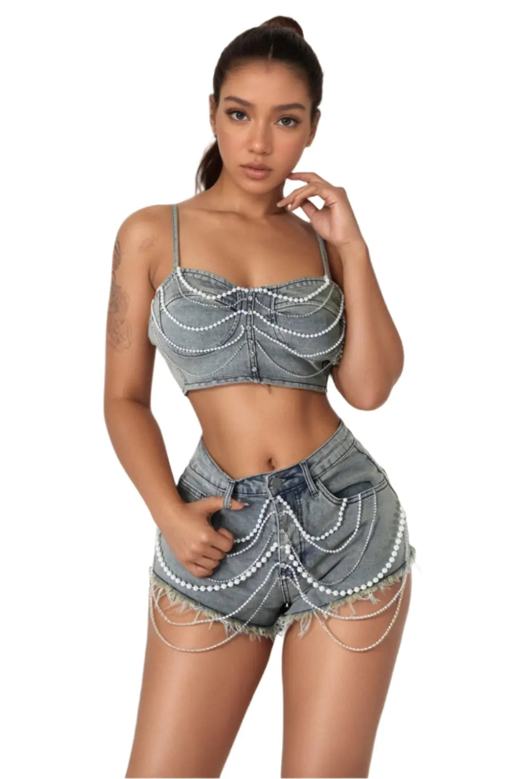 Pearl Chain Ya Business Denim Set Shorts - Epicplacess