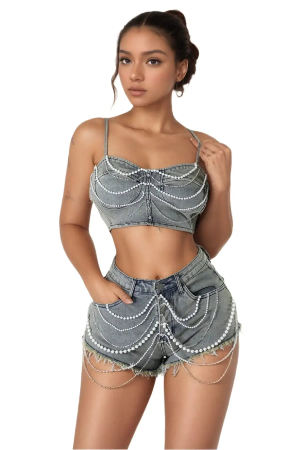 Pearl Chain Ya Business Denim Set Shorts - Epicplacess