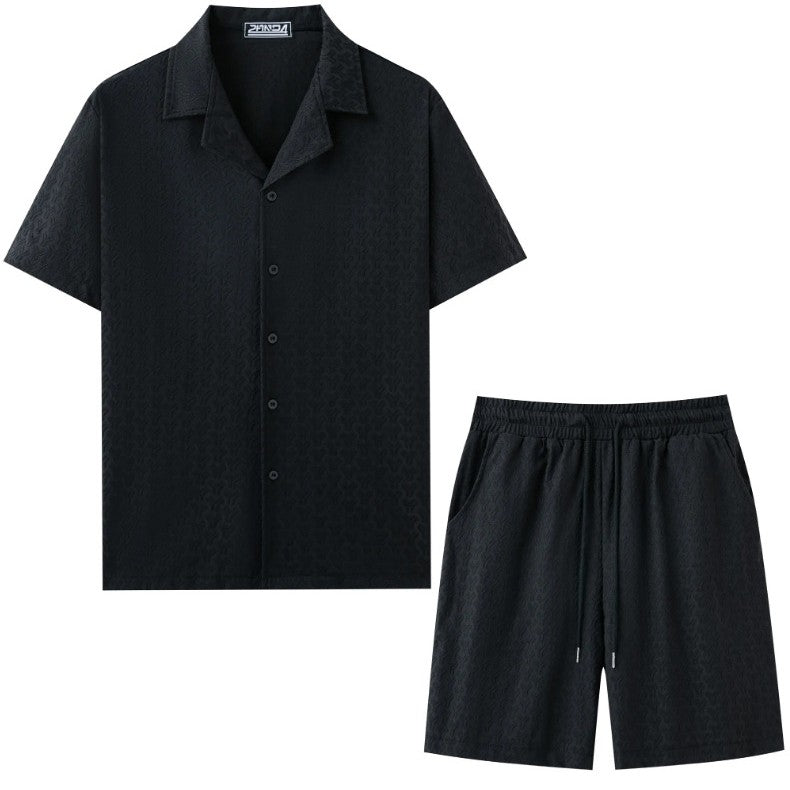 Men's Textured Jacquard Co-ord Set – Black Flat Lay