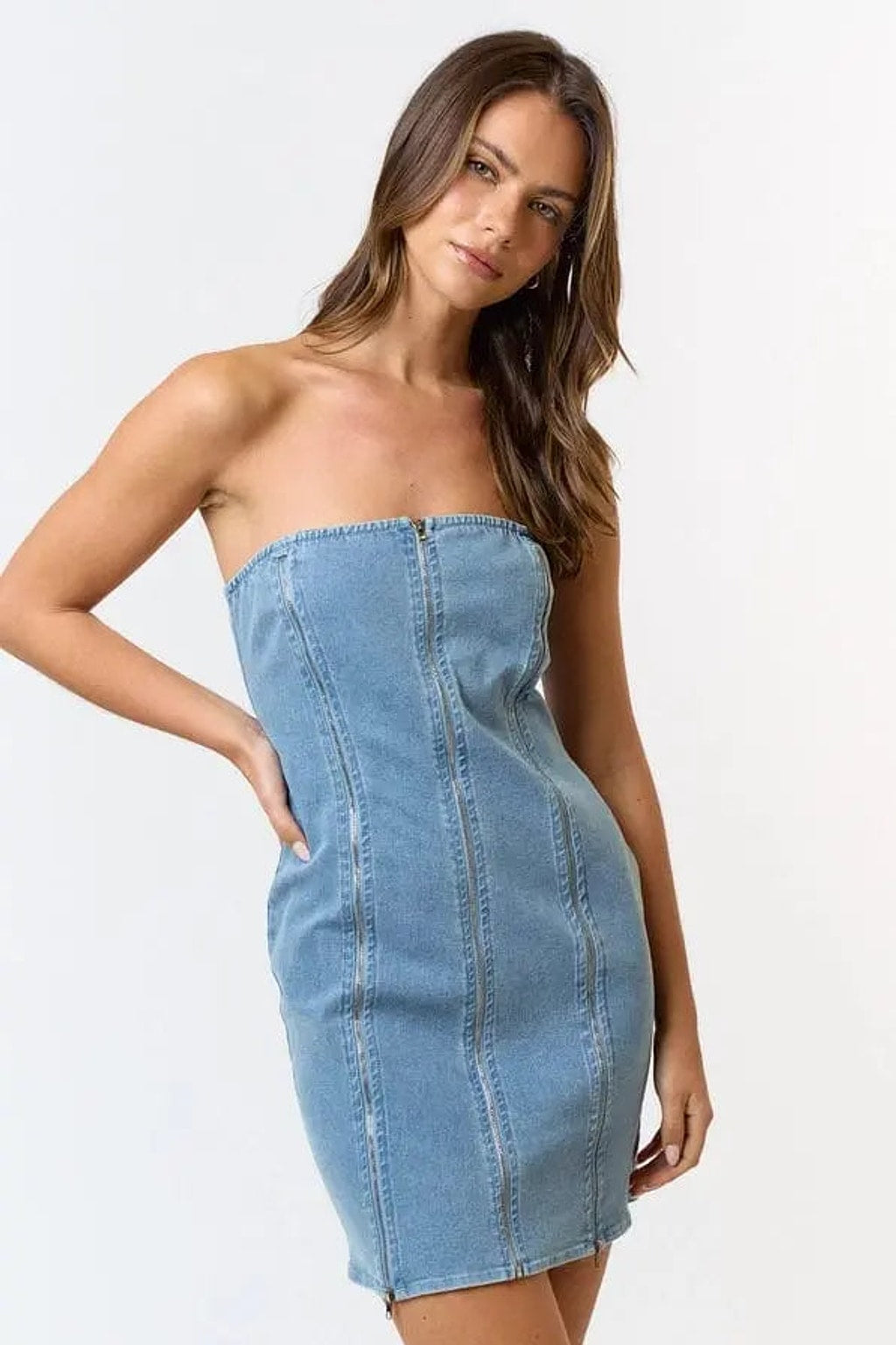 Tube denim dress outfit view - Epicplacess