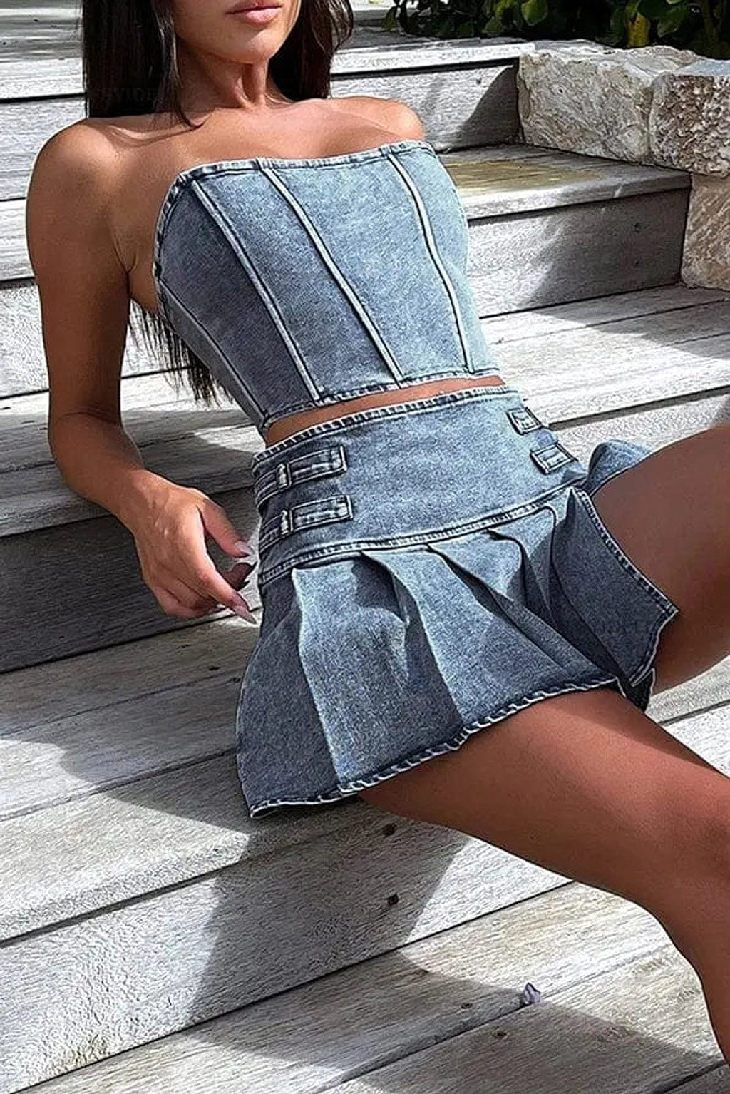 Blue denim skirt set detail - Epicplacess