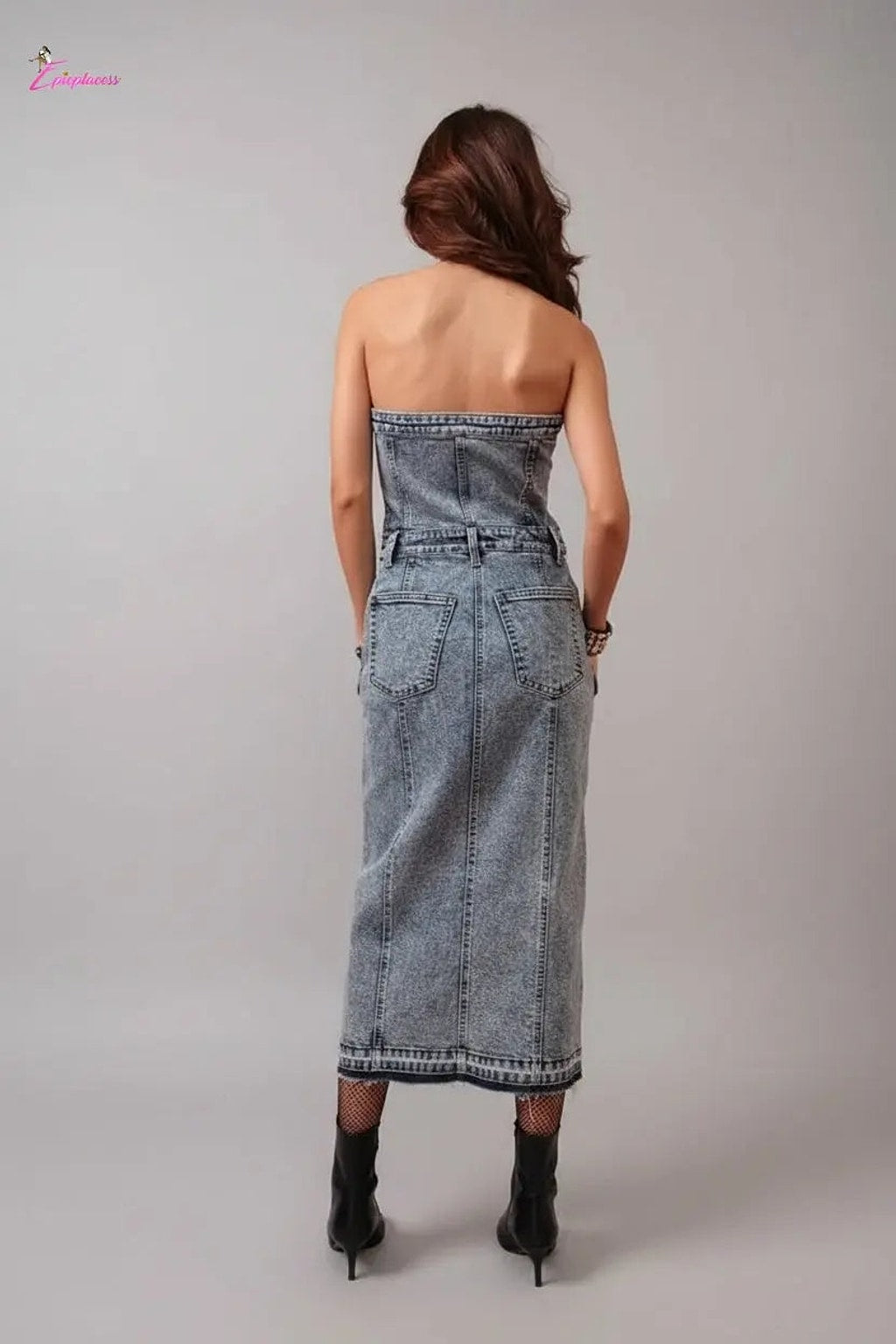 Rustic denim midi dress back view - Epicplacess