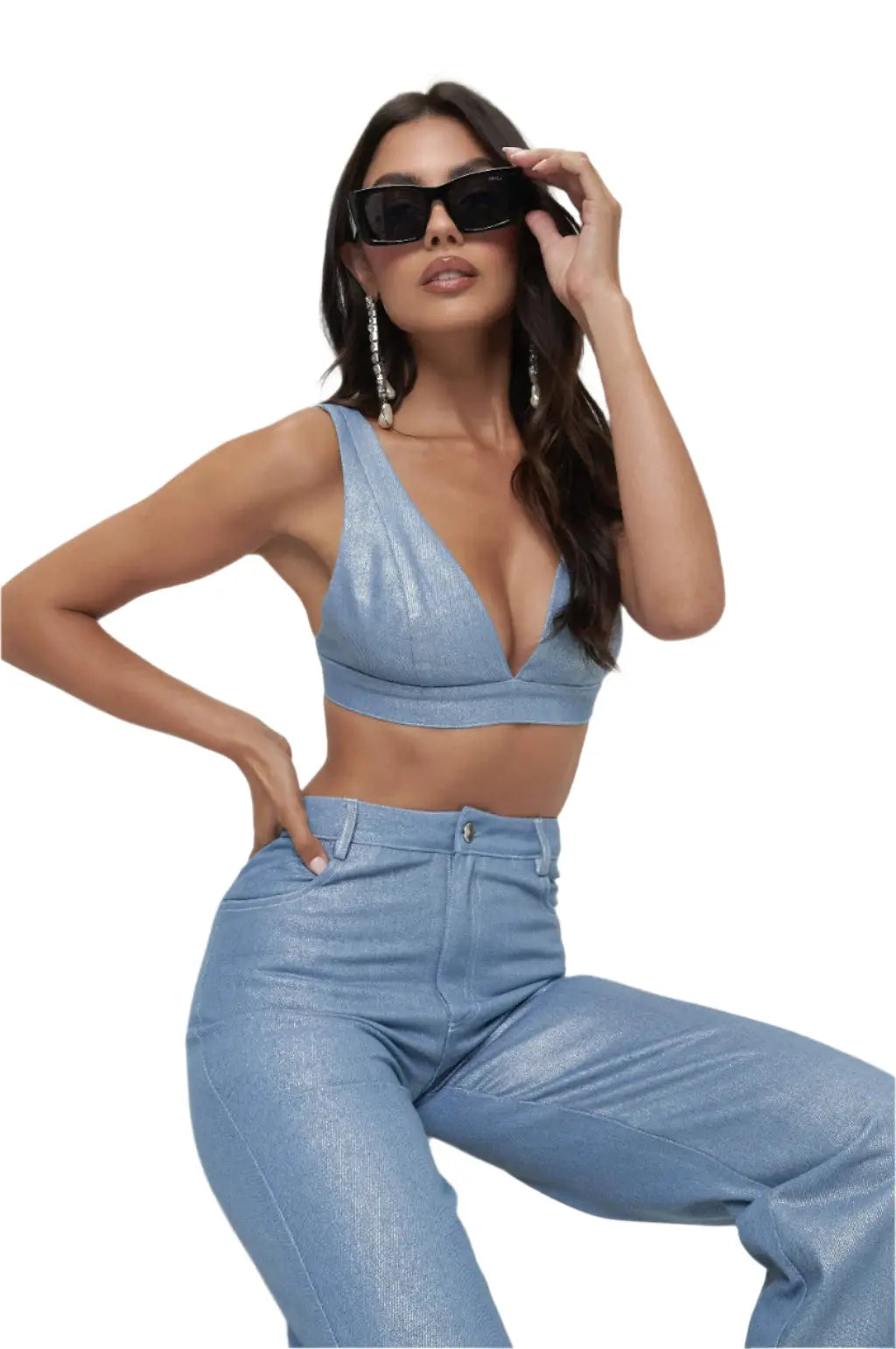 Over Top Fun Side Denim Pant Set-Blue - Epicplacess