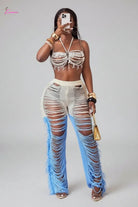 Ivory blue fringe flare pants - Epicplacess
