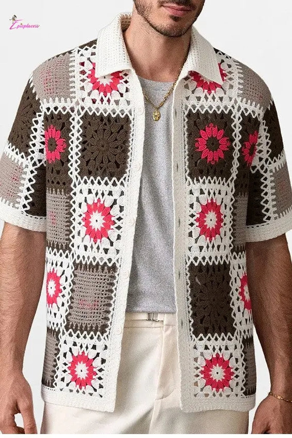 Patchwork crochet shirt front view - Epicplacess