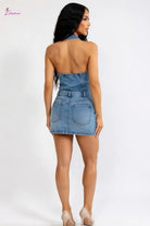 Open back denim halter mini dress front view - Epicplacess