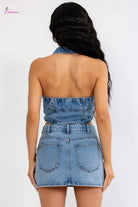 Blue denim halter dress back view - Epicplacess