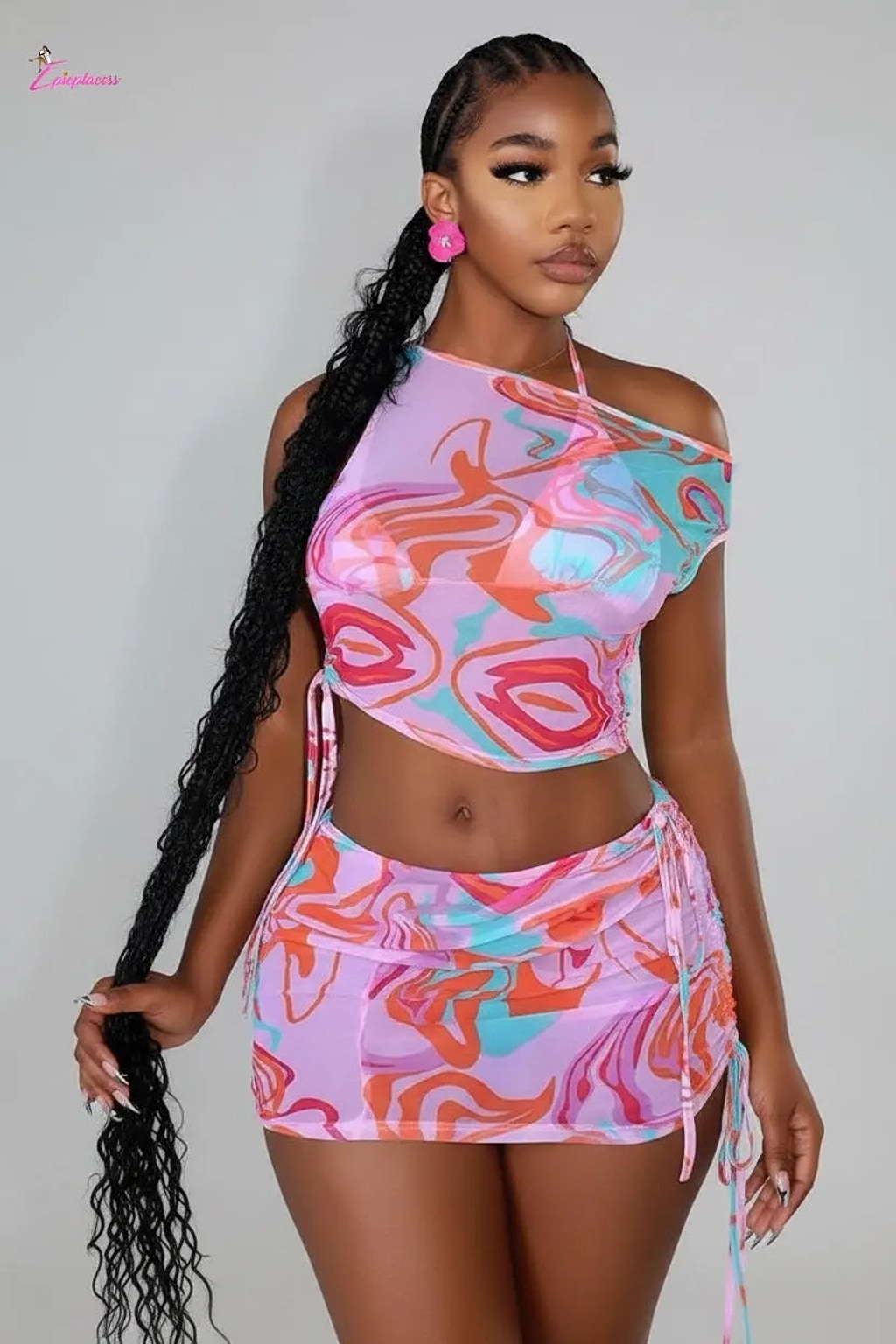 Pink swirl print crop top and mini skirt set - Epicplacess