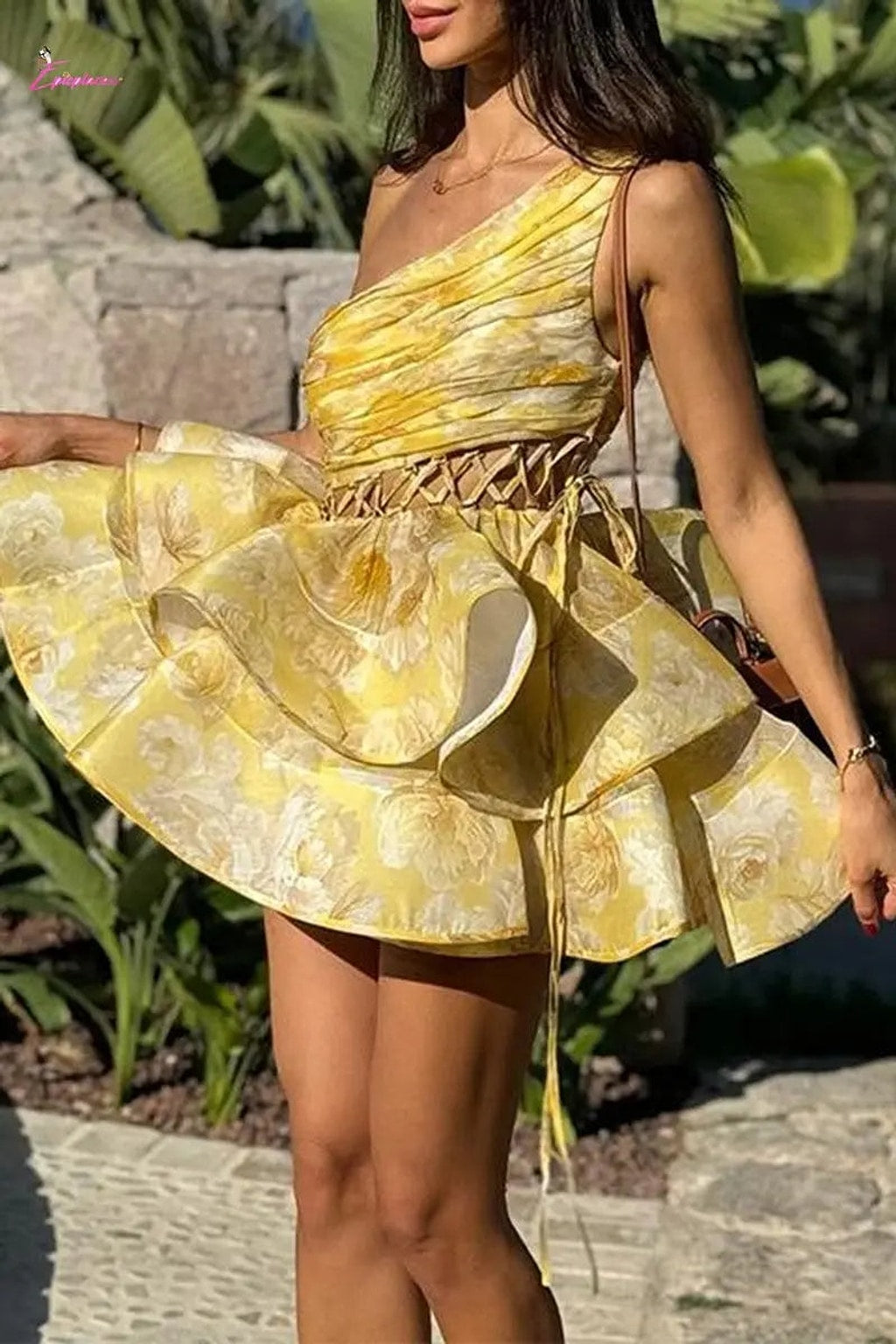 One-Shoulder Lace-Up Corset Tiered Organza Mini Dress | Floral - Epicplacess