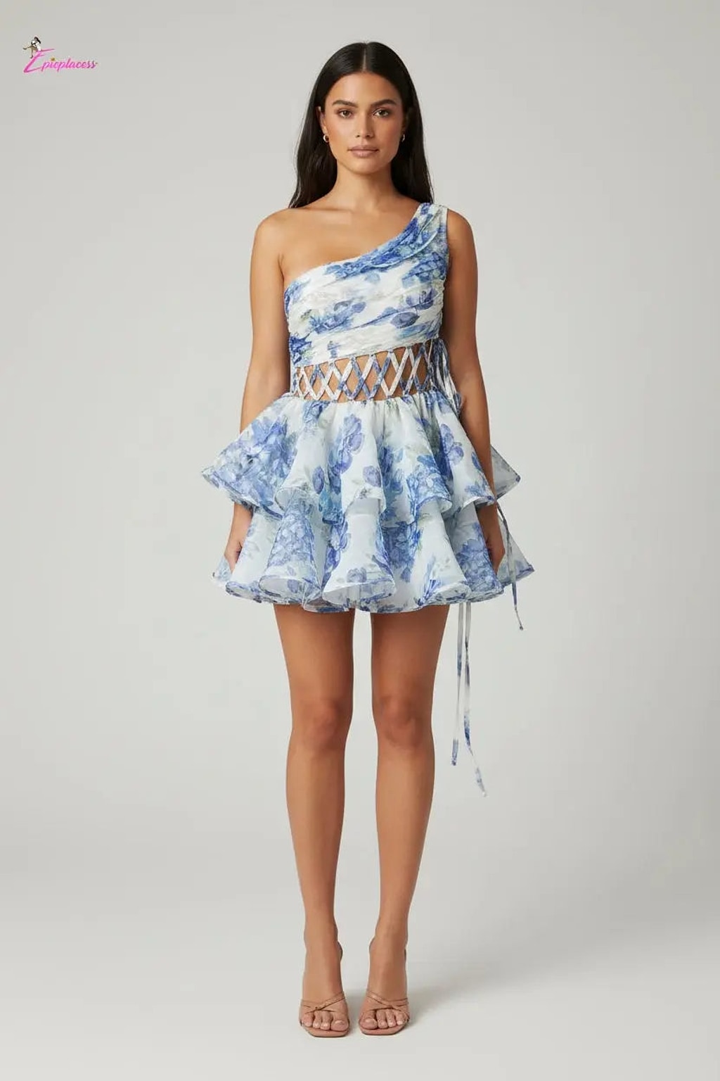 One-Shoulder Lace-Up Corset Tiered Organza Mini Dress | Floral - Epicplacess
