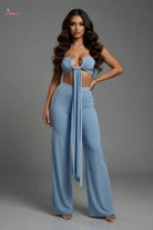 Serpent Charm Ruched Crop & Wide-Leg Pant Set - Epicplacess