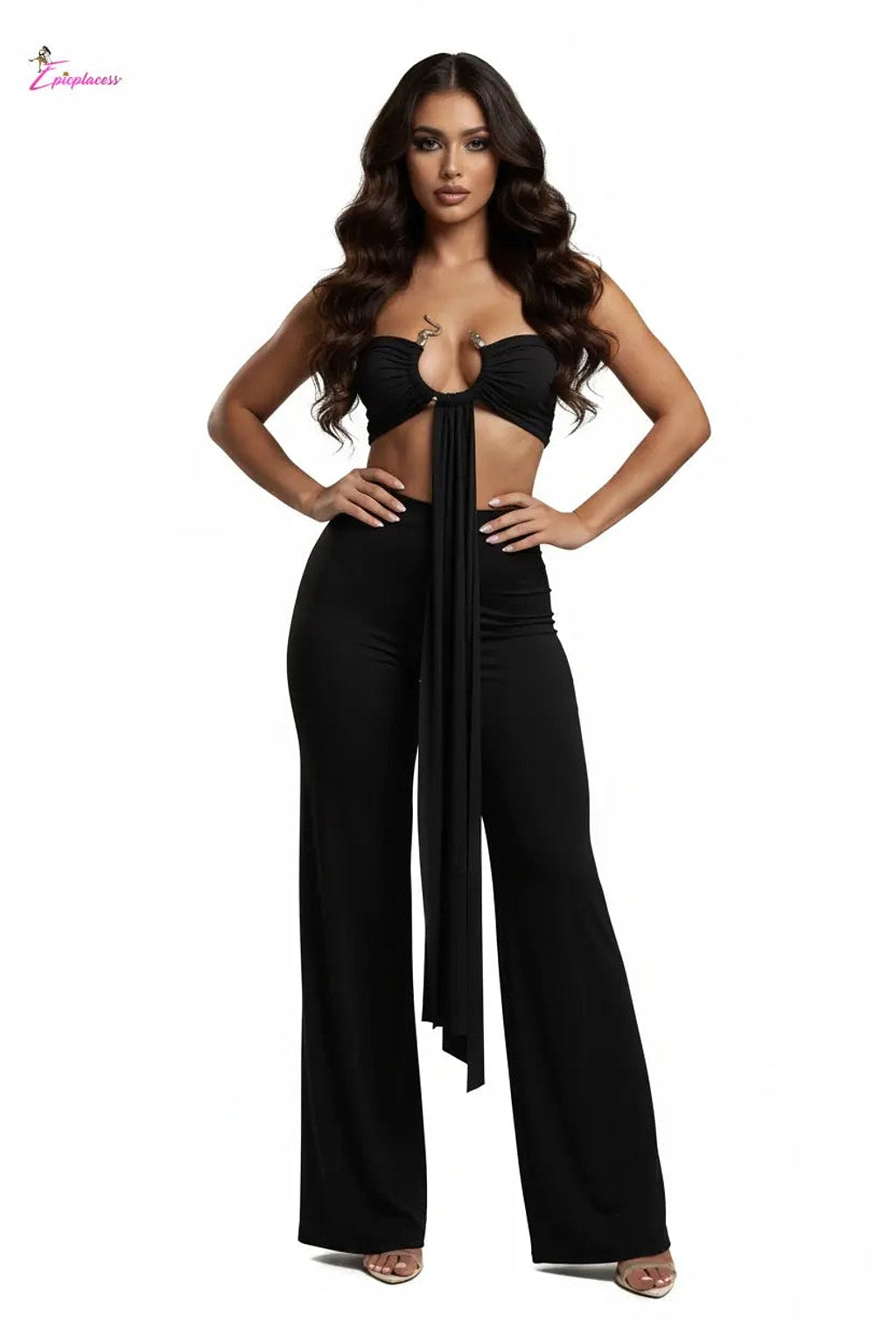 Serpent Charm Ruched Crop & Wide-Leg Pant Set - Epicplacess