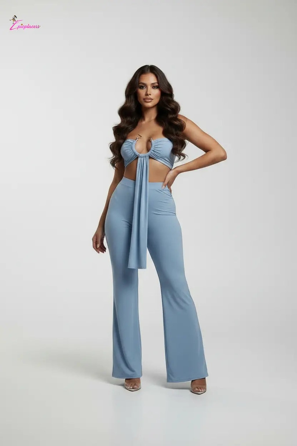 Serpent Charm Ruched Crop & Wide-Leg Pant Set - Epicplacess