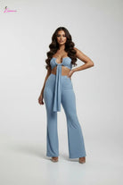 Serpent Charm Ruched Crop & Wide-Leg Pant Set - Epicplacess