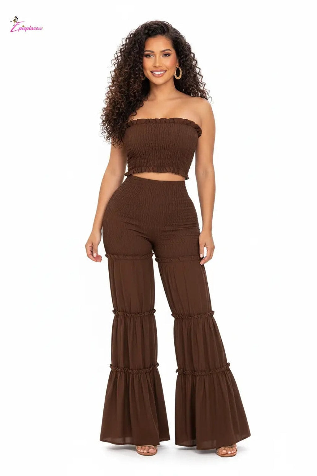 Smocked Ruffle Tube Top & Tiered Flare Pants Set - Epicplacess