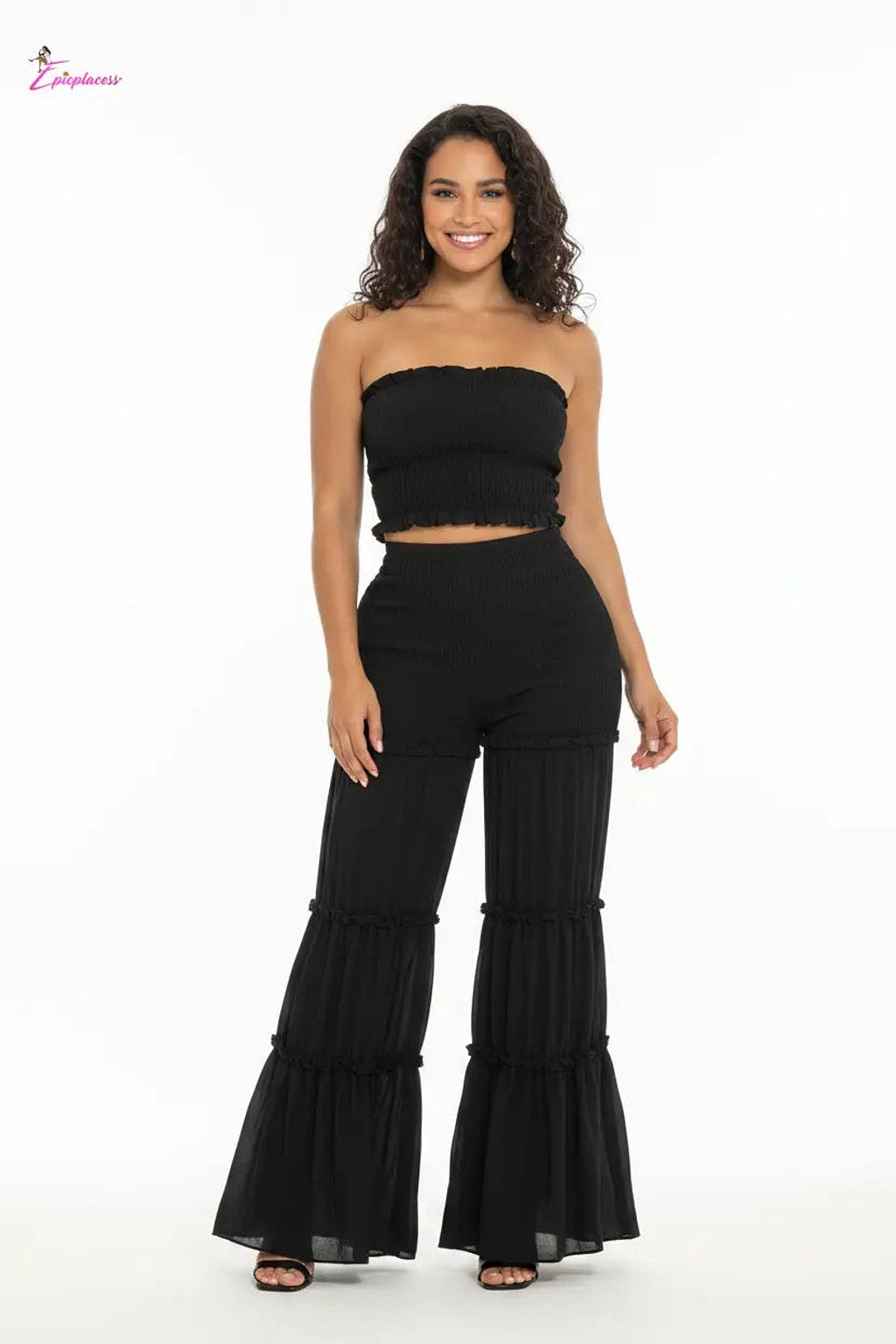 Smocked Ruffle Tube Top & Tiered Flare Pants Set - Epicplacess