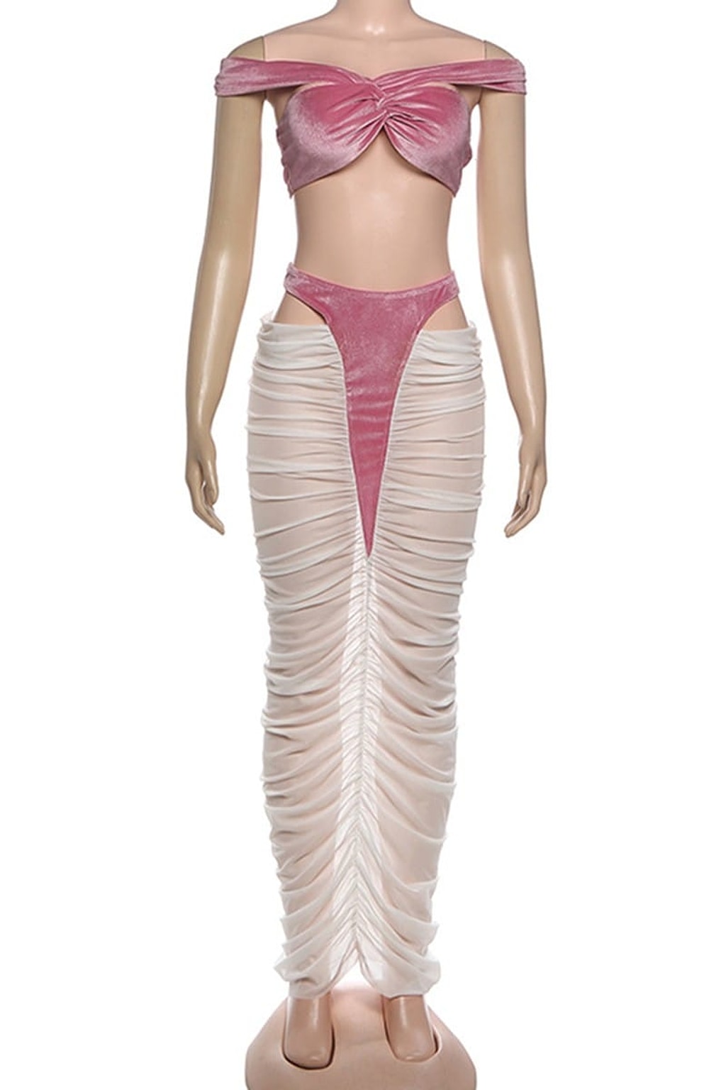 Pink off-shoulder maxi skirt set front view - Epicplacess