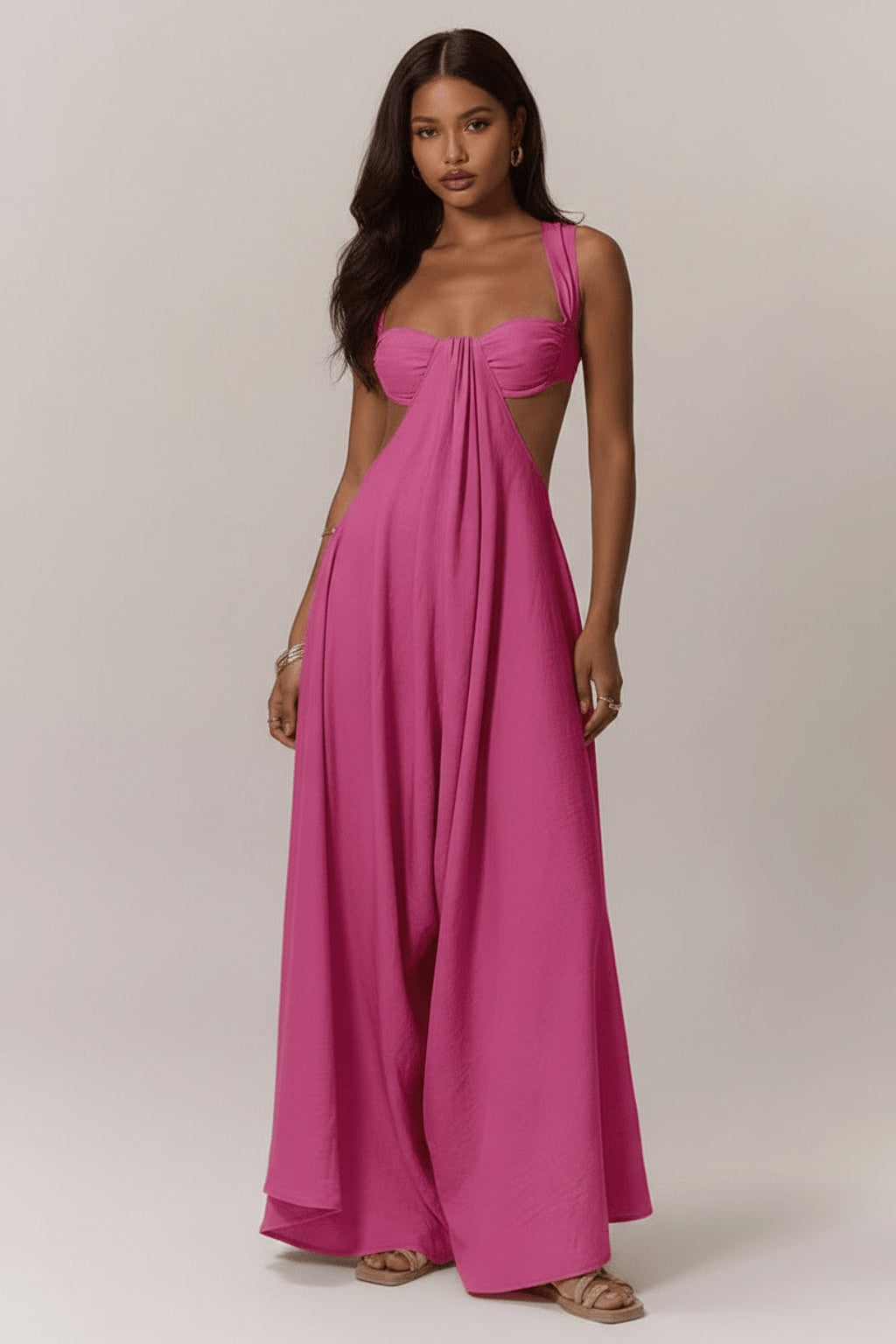Fuchsia Cutout Bustier Wide-Leg Maxi Jumpsuit - Front View