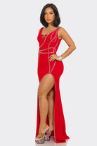Women's Ruby Radiance Red Rhinestone Slit Maxi Gown
