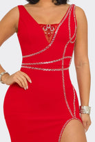 Women's Ruby Radiance Red Rhinestone Slit Maxi Gown