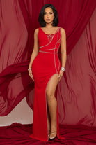 Red Rhinestone Trim Bodycon Maxi Gown - Studio Front View