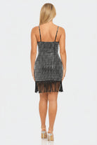 Silver Mirror Tile Rhinestone Fringe Mini Dress - Back View