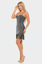 Silver Mirror Tile Rhinestone Fringe Mini Dress - Side Angle Front