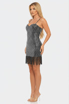 Silver Mirror Tile Rhinestone Fringe Mini Dress - Three-Quarter Angle