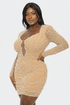 Nude Pearl Rhinestone Long Sleeve Plunge Bodycon Mini Dress - Front Three-Quarter View