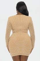 Nude Pearl Rhinestone Long Sleeve Plunge Bodycon Mini Dress - Back View
