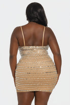 Gold Iridescent Mirror Rhinestone Mesh Bodycon Mini Dress - Back View