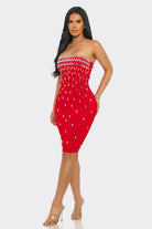 Midnight Dazzle Black Rhinestone Strapless Midi Dress - alternate front view