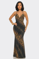 Tiger Print Mesh Maxi Dress with deep V lace-up open back - front view