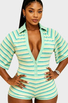 Women's Striped Polo Collar Deep V Bodycon Short Romper | 3 Colors