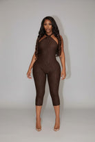 Women's Textured Halter Neck Open Back Bodycon Capri Jumpsuit 3 Colors