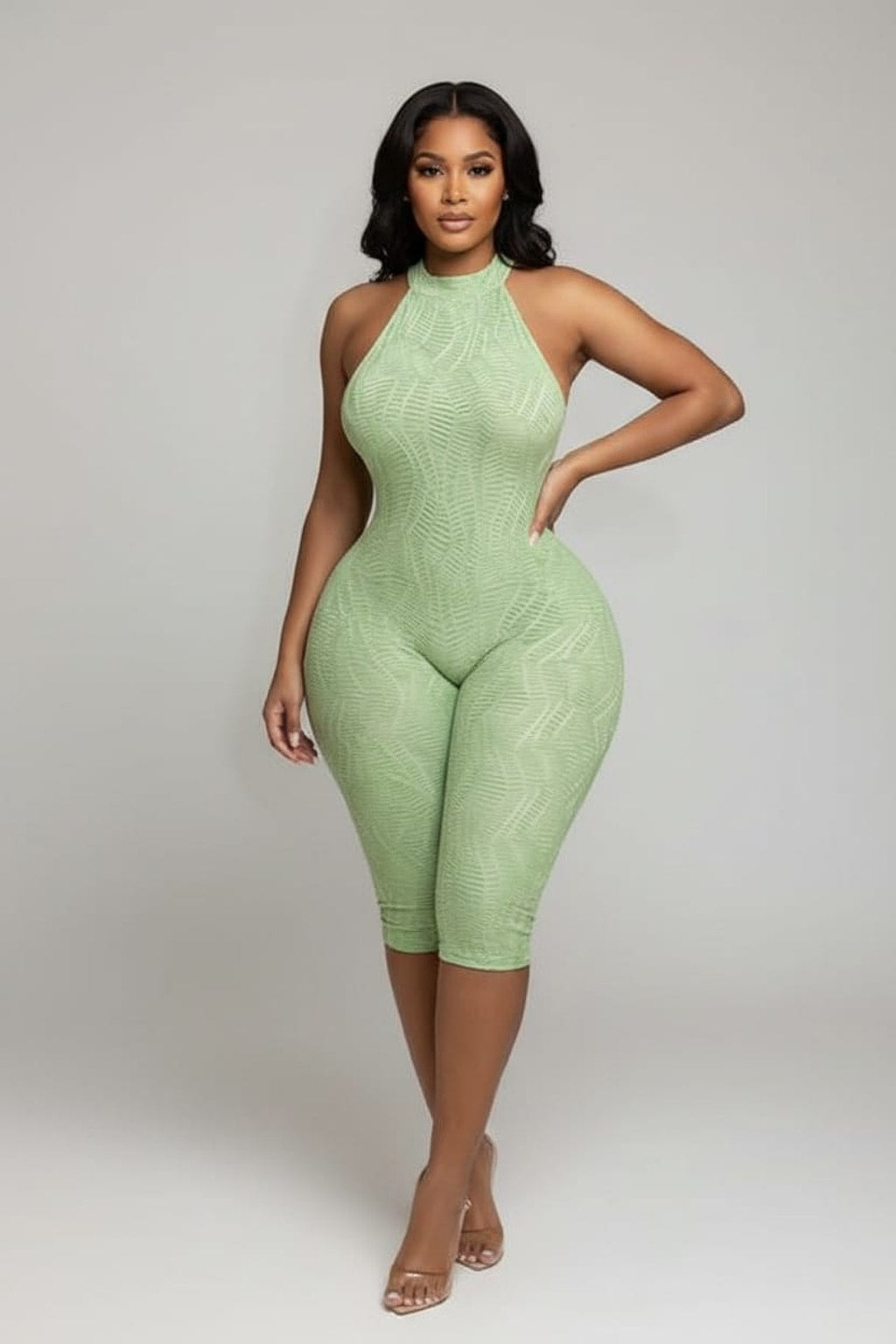 Women's Textured Halter Neck Open Back Bodycon Capri Jumpsuit 3 Colors