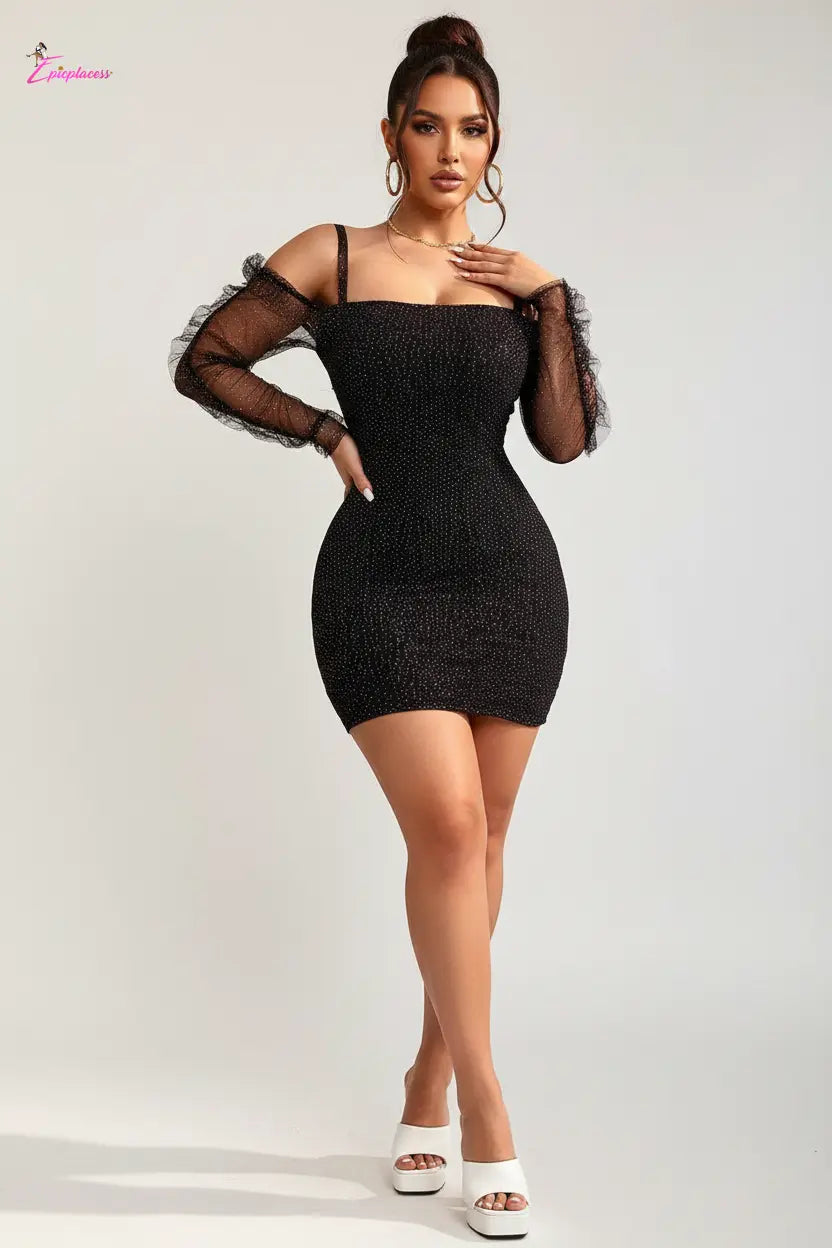 Black rhinestone mesh sleeve bodycon mini dress - angle pose