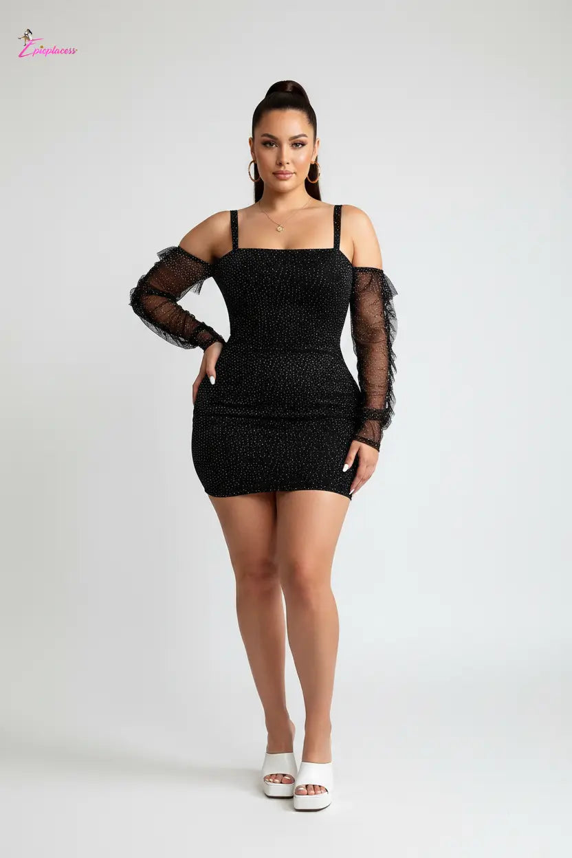 Black rhinestone mesh sleeve bodycon mini dress - front pose 2
