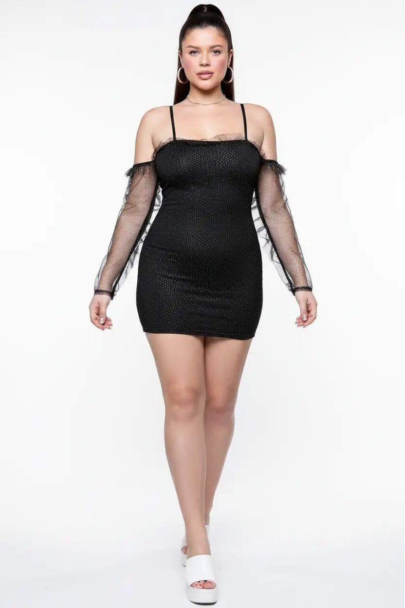 Black rhinestone mesh sleeve bodycon mini dress - walking pose