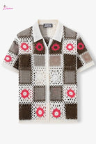 Brown Granny Square Patchwork Crochet Open-Knit Shirt Epicplacess