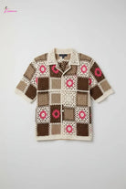Brown Granny Square Patchwork Crochet Open-Knit Shirt Epicplacess