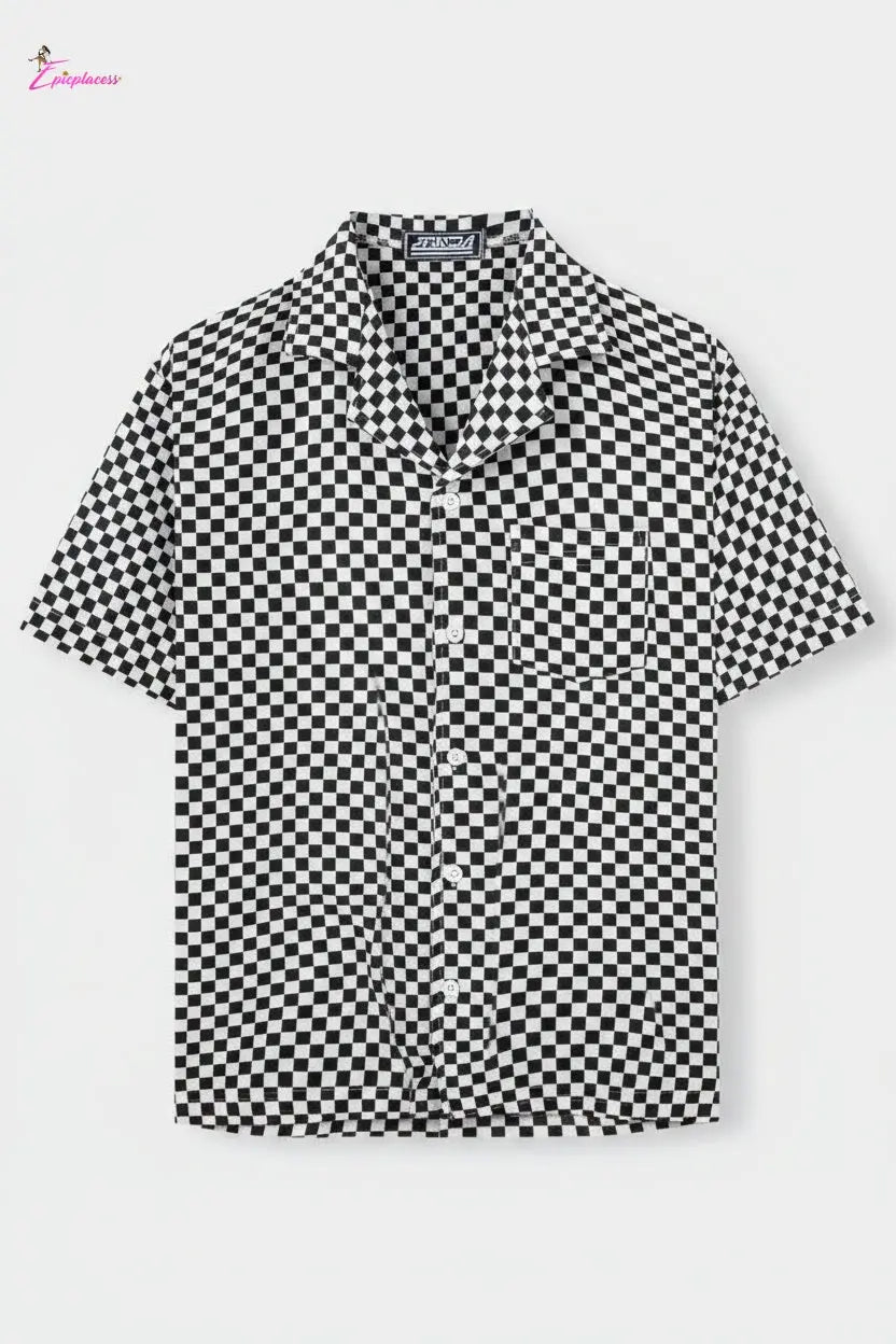 Checker board Cuban Short-Sleeve Button-Up Shirt Epicplacess