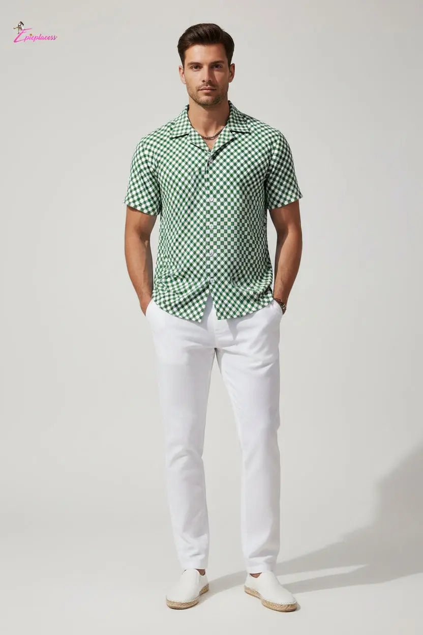 Checker board Cuban Short-Sleeve Button-Up Shirt Epicplacess